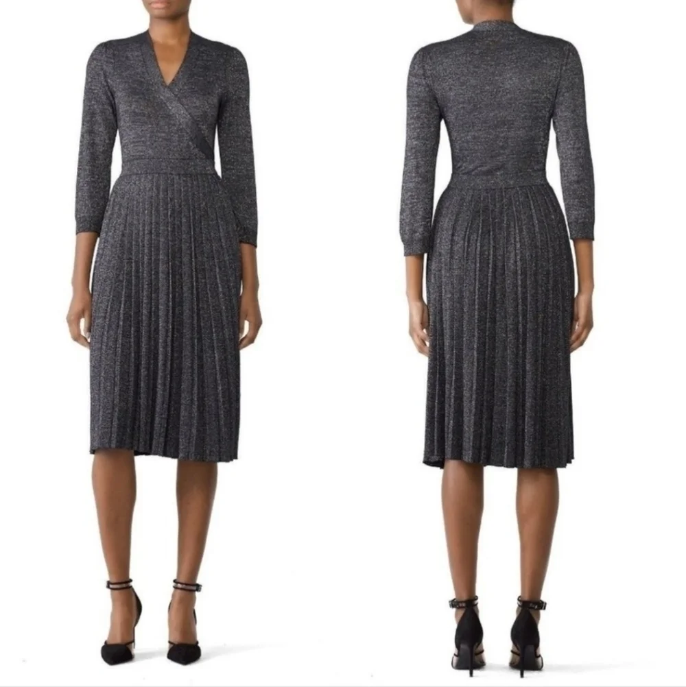 Kate Spade New York Faux Wrap Dress Grey Metallic Silver Knit Pleated V Neck XS